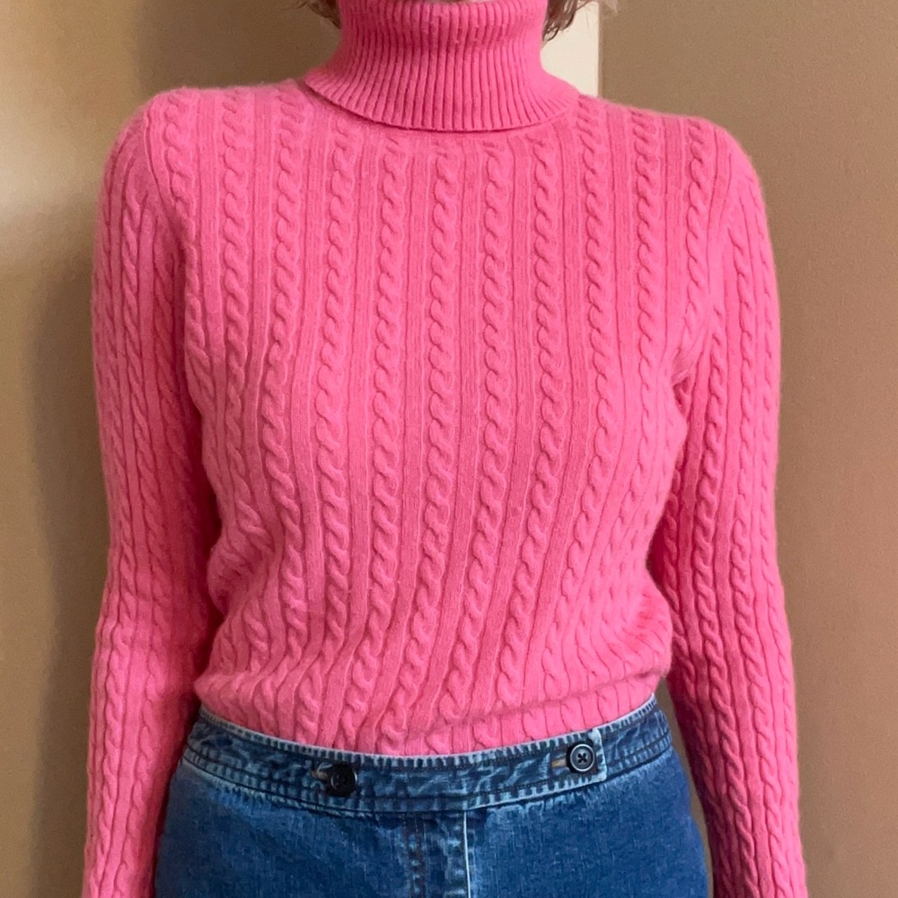 Pink Cashmere Cable Knit Turtleneck Sweater - Picture 5 of 8